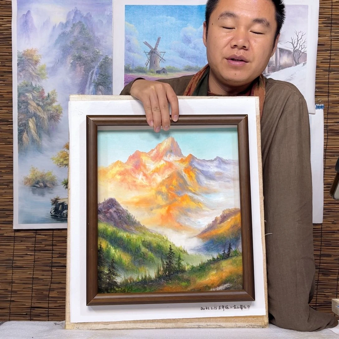 油画行路人小院绘画作品