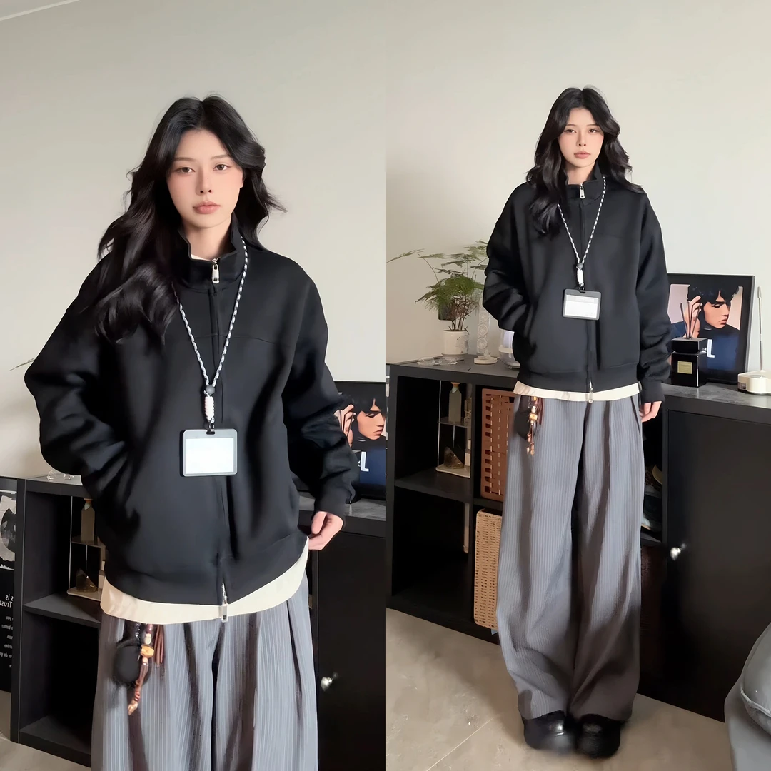 美式重磅立领加绒卫衣开衫男秋冬cleanfit正肩外套松弛感运动夹克