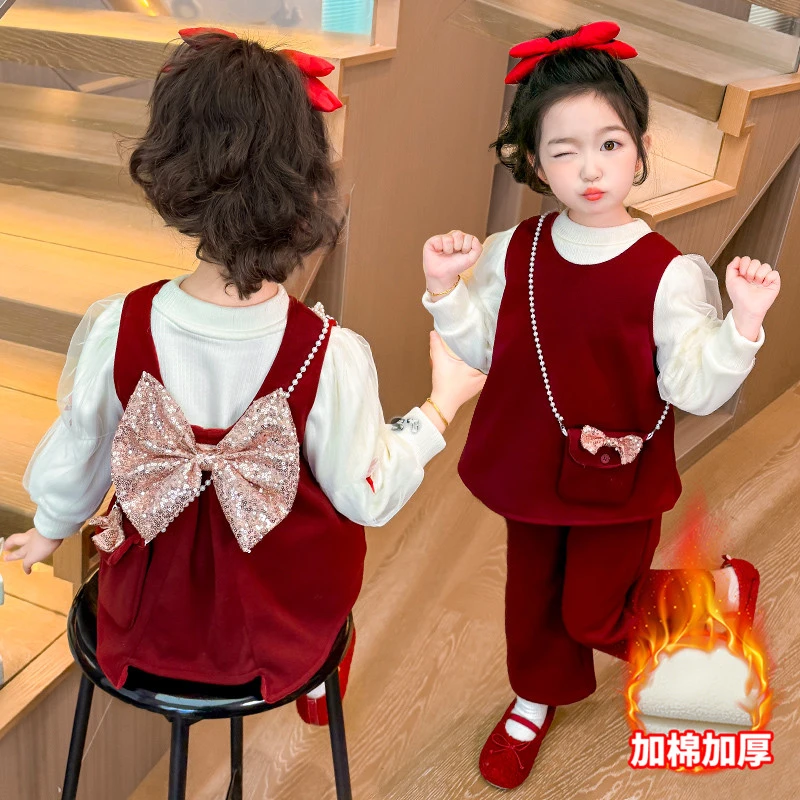 女童新年红色过年衣服女孩一整套洋气拜年服小香风儿童冬季套装