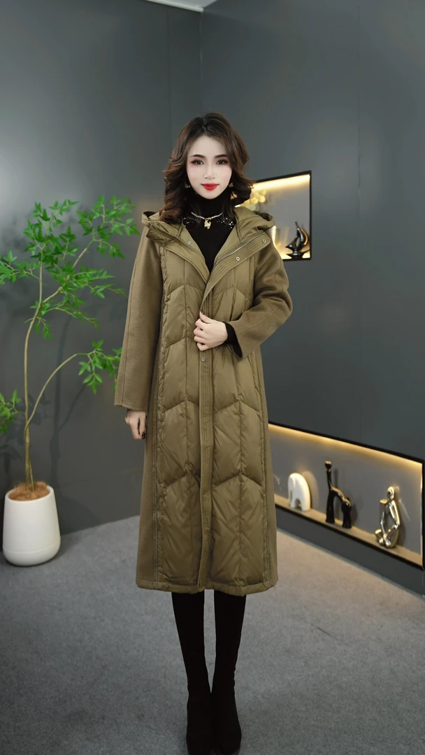 4663 冬装新款连帽大衣拼接羽绒服中长款显瘦