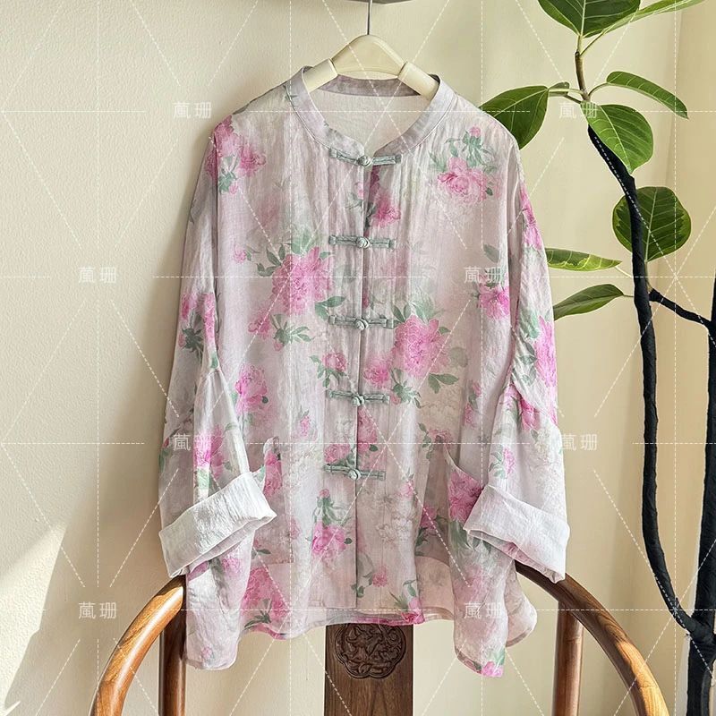 【牡丹】夏季苎麻植物系印花清新透气国风盘扣防晒服开衫52276