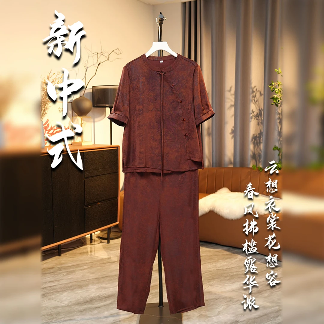 圆领大码上衣纯色夏季中老年女装复古服装休闲中式盘扣薄款套装