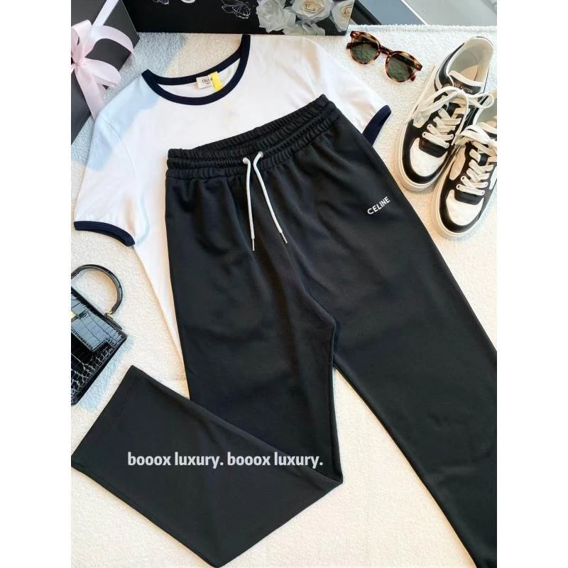 95新 Celine/思琳  zz474 聚酯纤维 黑色logo休闲裤 s码