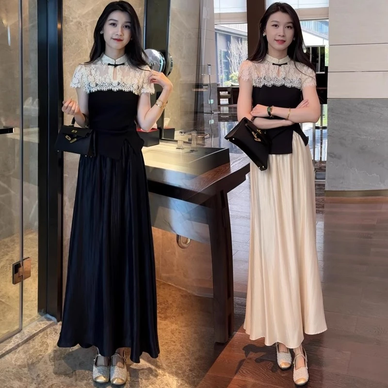 时尚休闲套装裙女2025夏季新款气质国风蕾丝拼接短袖半身裙两件套