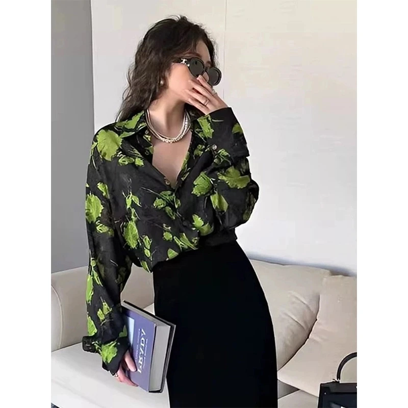 现/2025法式复古宽松黑色碎花衬衫女春夏港风气质上衣小众别致