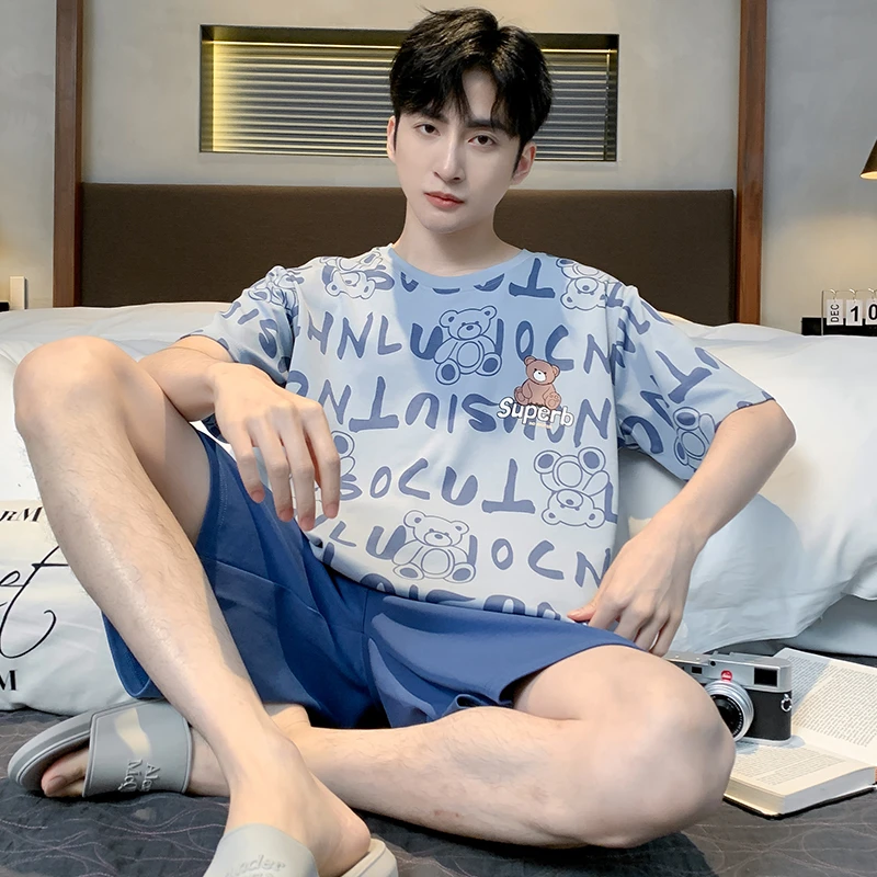啄木鸟男士睡衣夏季纯棉短袖长裤青少年15-18岁爆款新款家居服