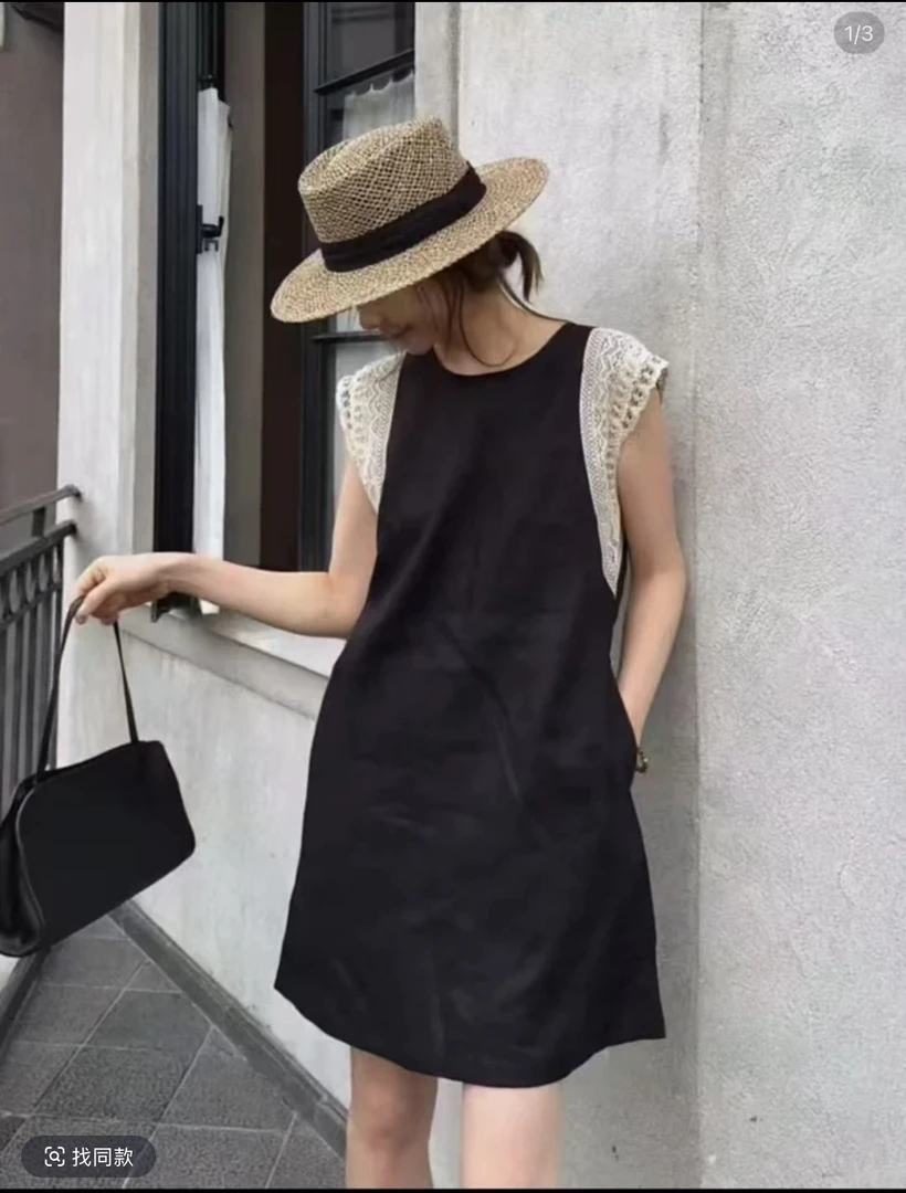 夏季无袖拼接蕾丝花边设计感显瘦气质时尚连衣裙