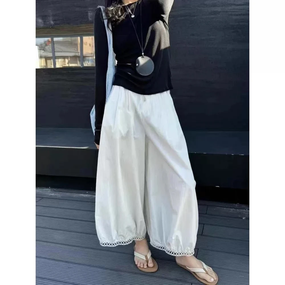 欧货2025新款休闲百搭薄款蕾丝花边灯笼裤八分慵懒风速干阔腿裤女