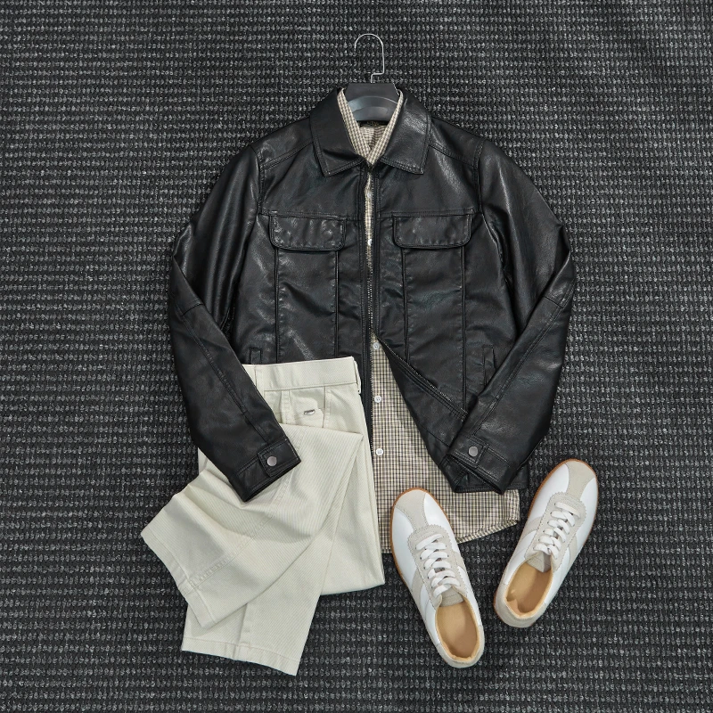 MIGSIMHE·美式复古翻领PU皮夹克男士高级感休闲机车服皮衣外套