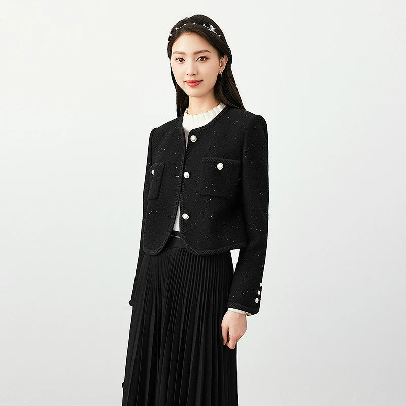 珂莱蒂尔名媛香风短款羊毛呢外套女气质法式粗花呢上衣KB00466W0