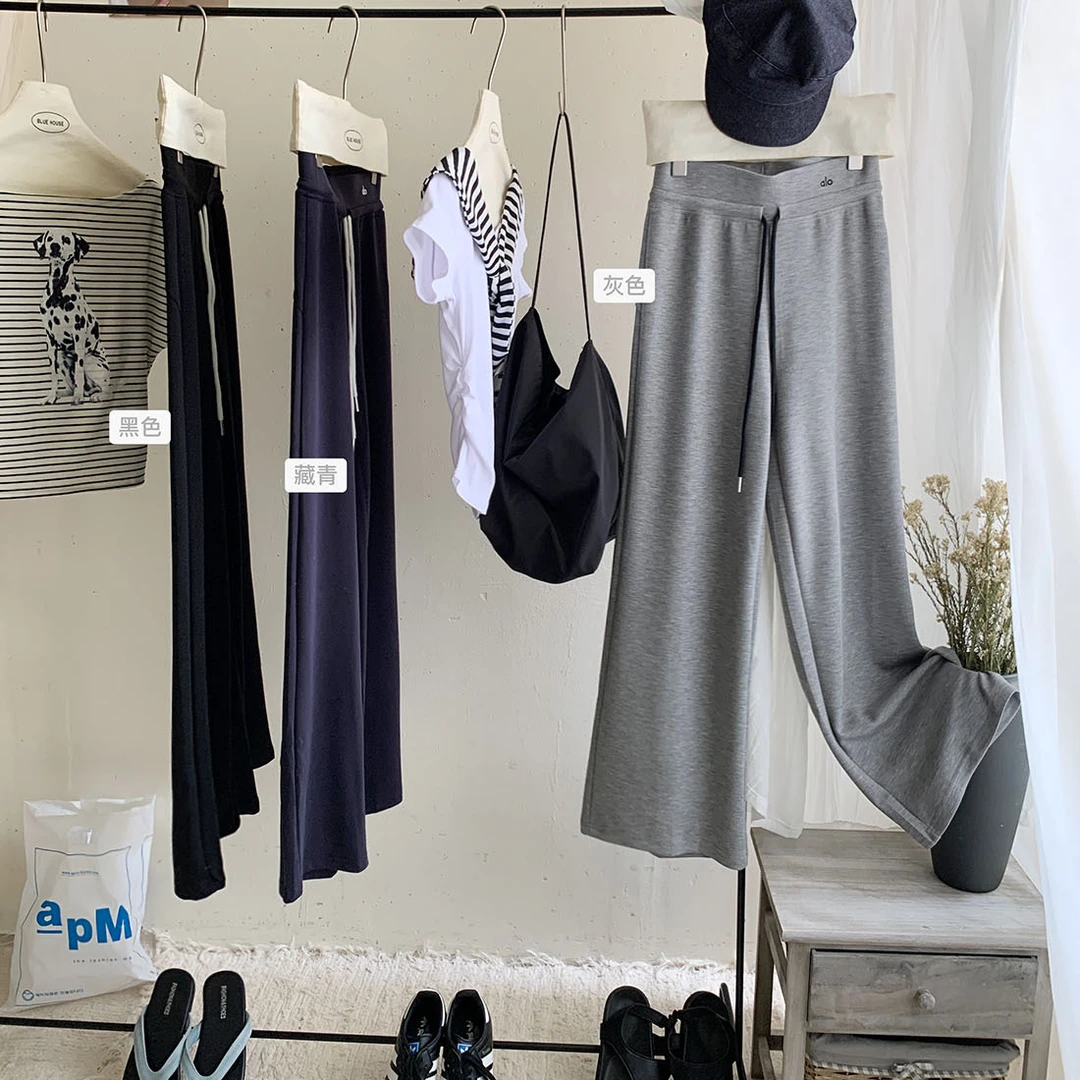 美式运动灰优可丝空气层休闲卫裤女夏秋字母腰抽绳直筒宽松阔腿裤