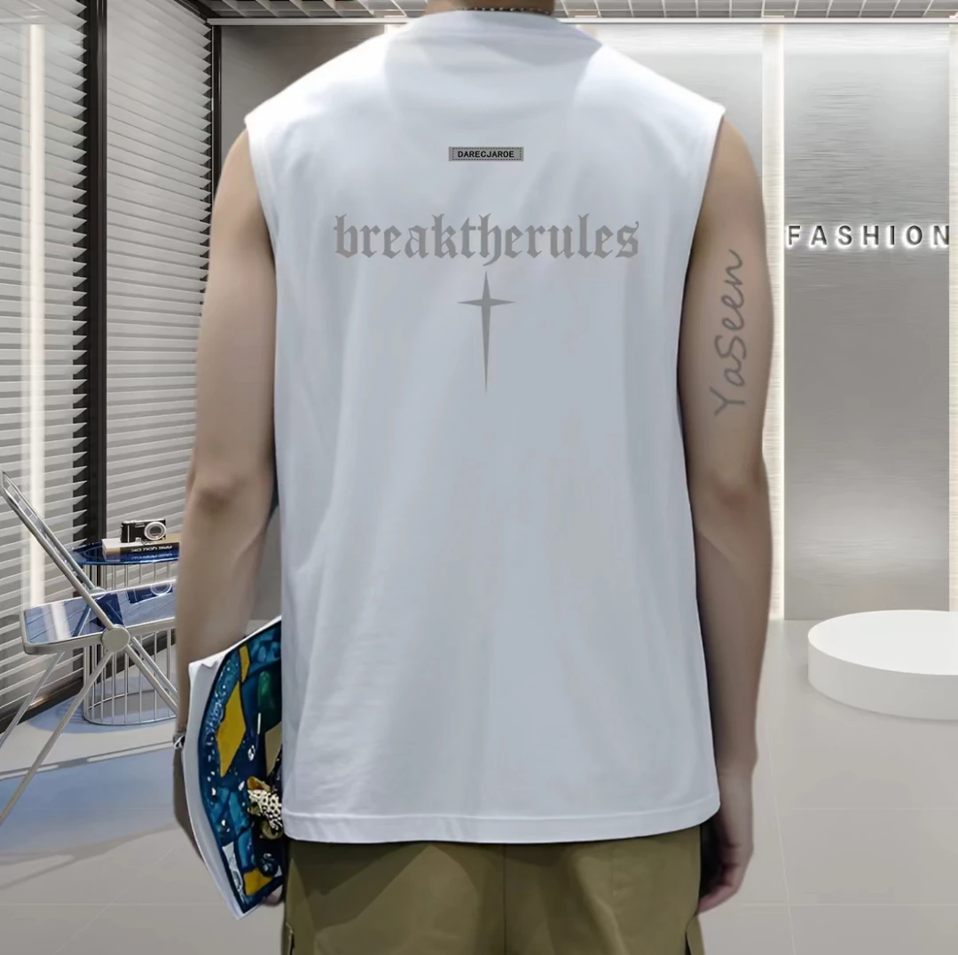 夏季美式休闲简约印花纯棉圆领无袖背心男款痞帅运动宽松百搭上衣