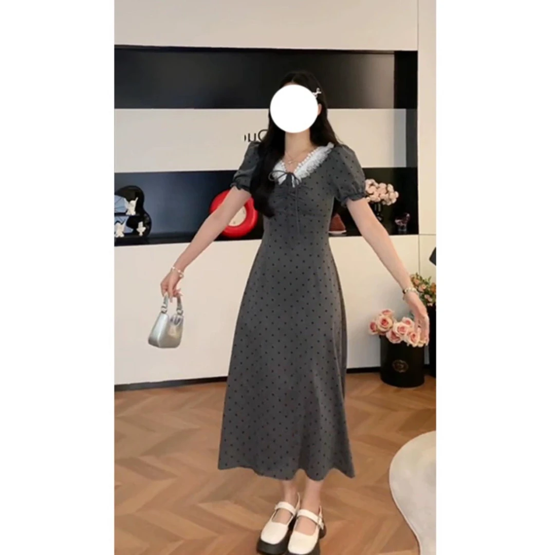 大码法式灰色波点连衣裙女夏季胖mm收腰显瘦遮肚子V领短袖长裙子