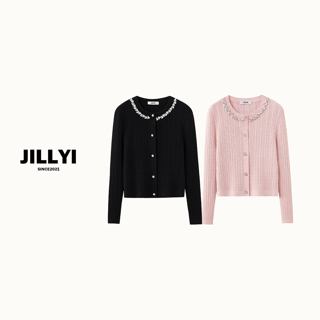 jillyi【恋爱风铃】两色圆领麦穗钻典雅轻奢针织开衫秋季时尚百搭