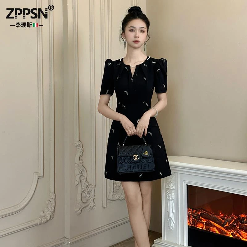 ZPPSN欧洲站黑色连衣裙女夏季2025新款刺绣礼服轻奢高级感收腰a字