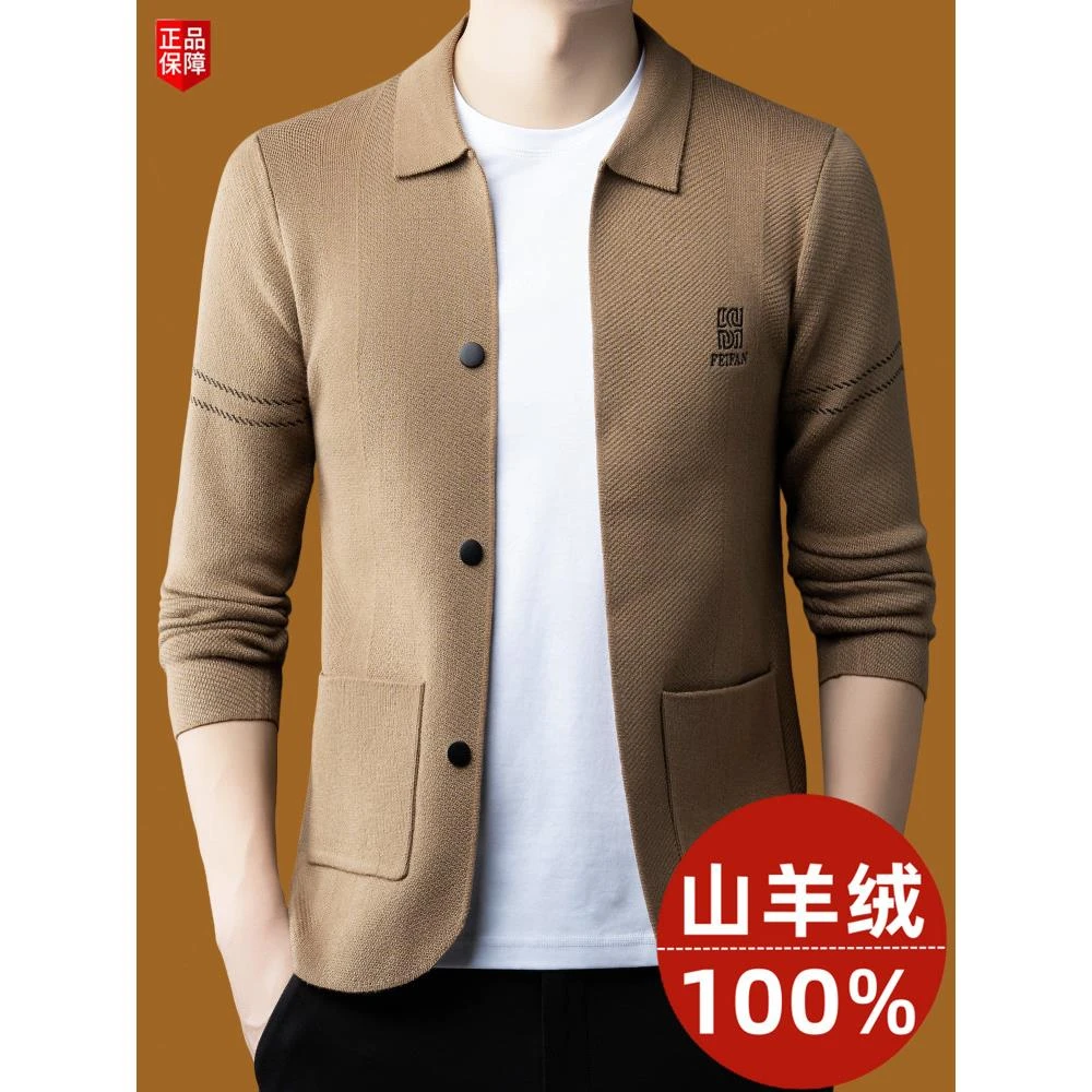 2025冬季新款男士潮流时尚休闲开衫百搭针织毛衣翻领羊绒外套上衣
