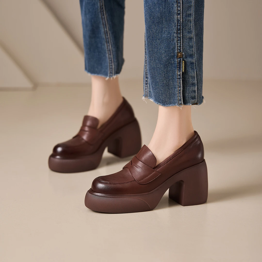 真皮深口单鞋女粗跟厚底复古英伦风圆头小皮鞋秋季新款百搭乐福鞋