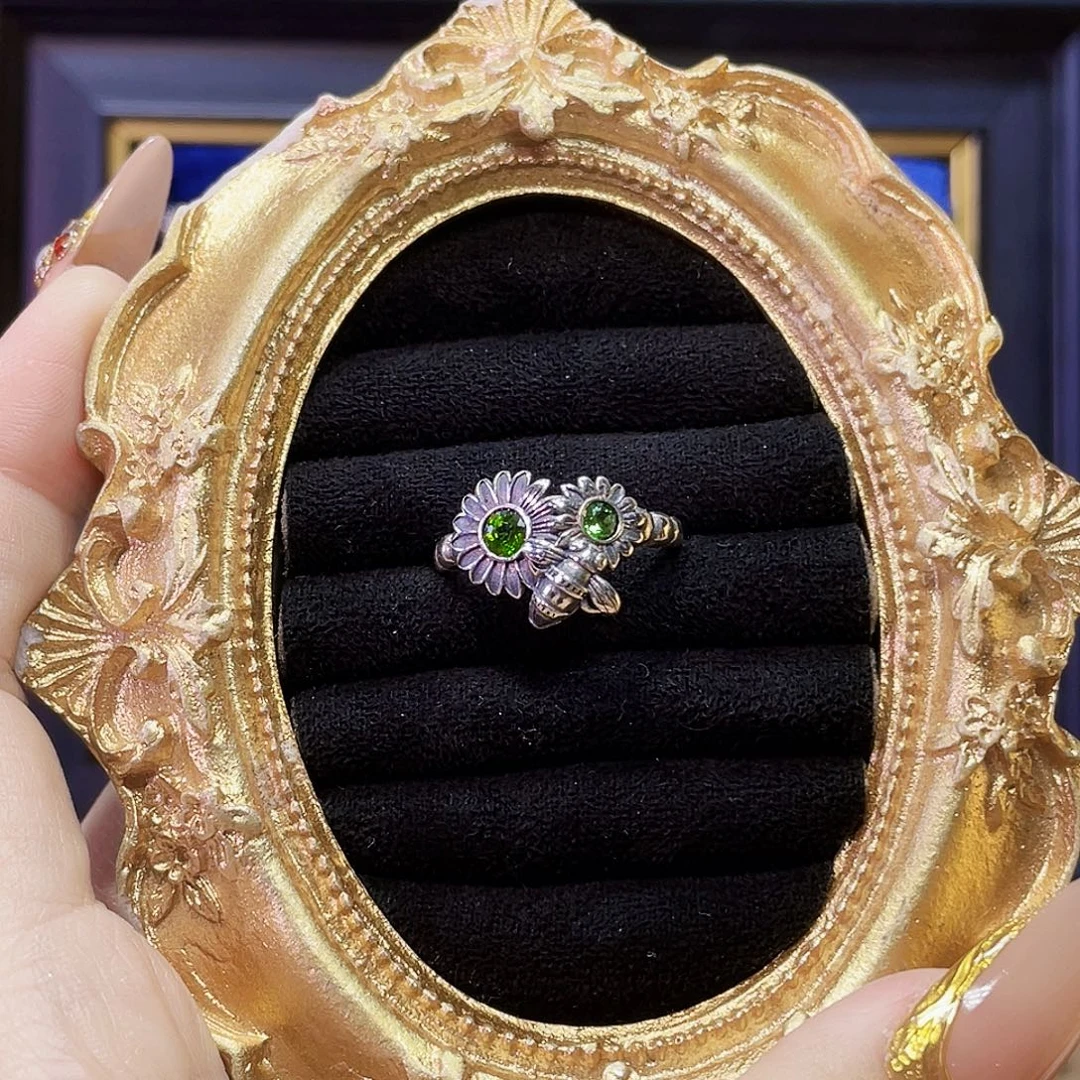 925银沙福莱雏菊蜜蜂银戒指