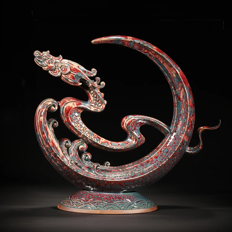 大贤窑于大鹏腾龙乙巳蛇年生肖贺岁龙蛇闹春钧窑陶瓷蛇摆件礼盒装