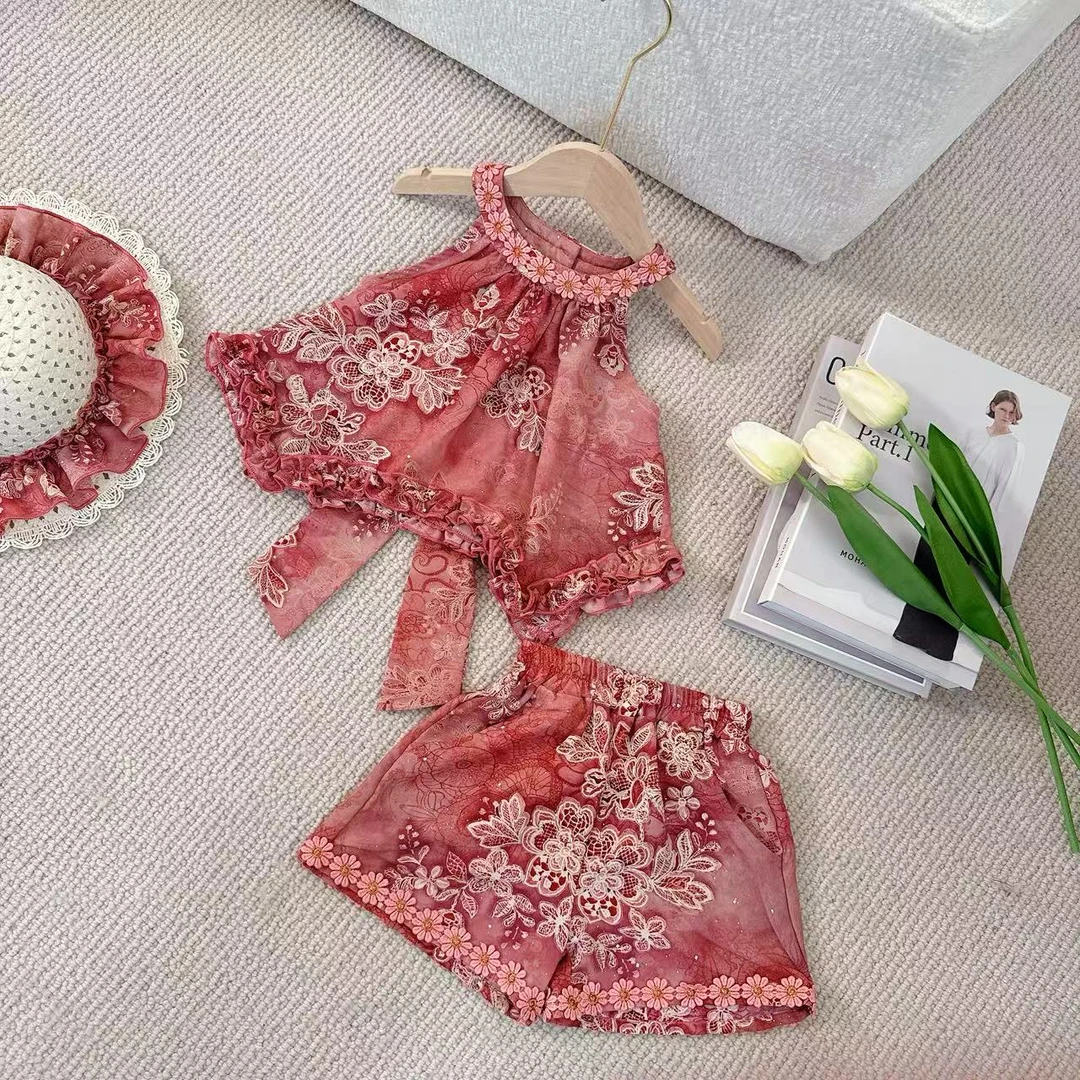 夏季女童洋气花朵上衣短裤套装SC40319