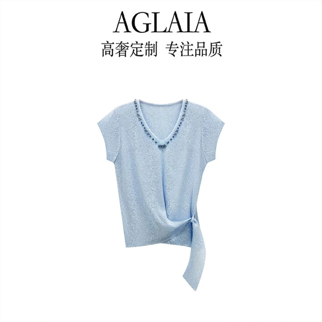 AGLAIA~2026新款重工钉珠V领不规则扭结修身显瘦无袖针织上衣6909