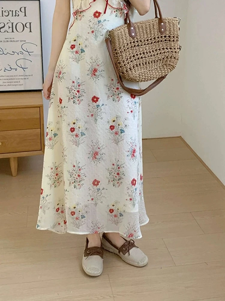 碎花V领套头公主风连衣裙复古高腰小清新中长款