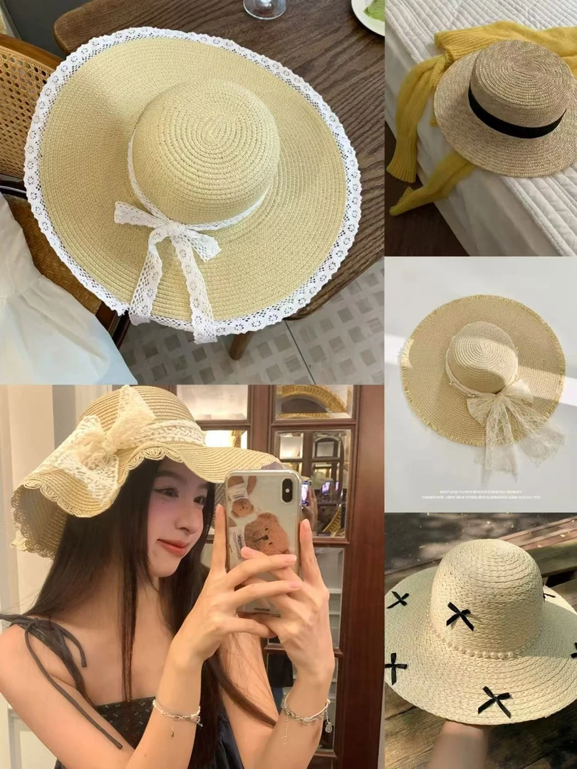草帽海边帽子ins系带草编帽女夏出游防晒沙滩太阳帽蕾丝边遮阳帽