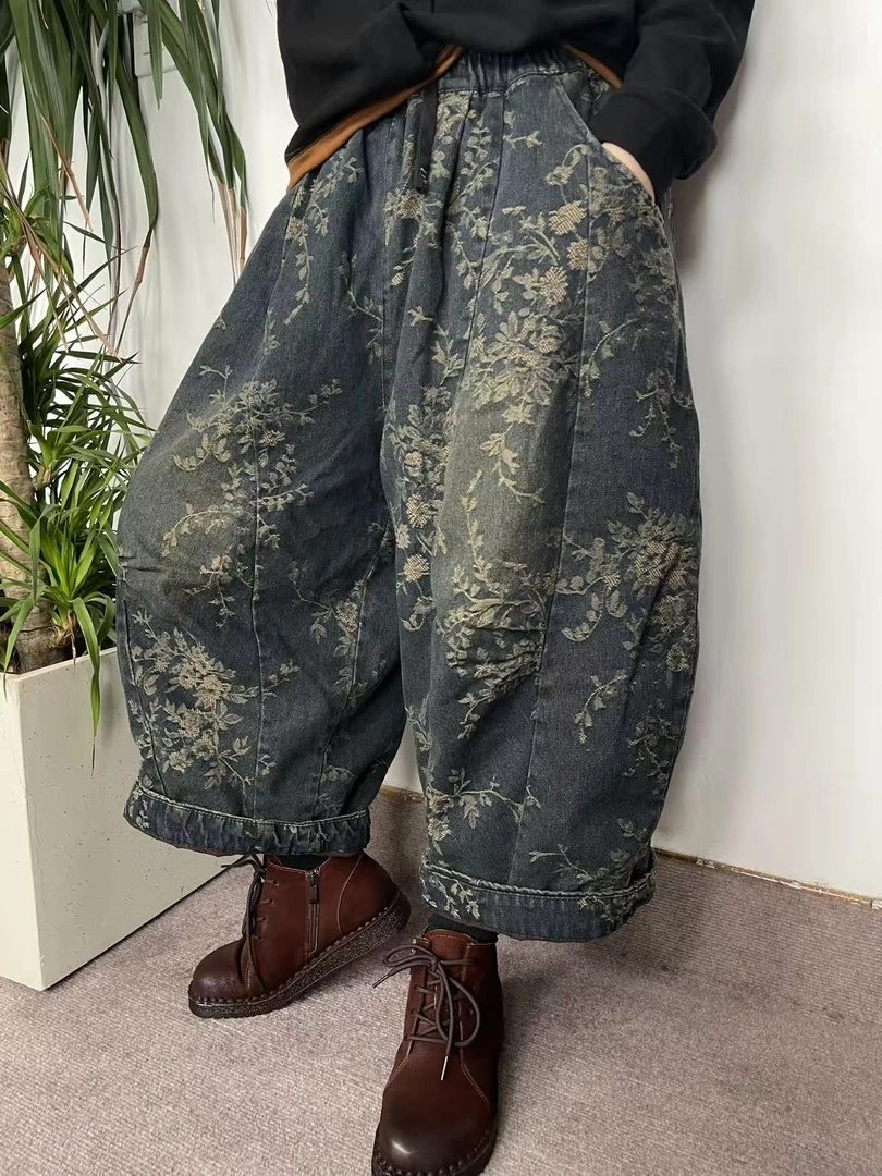 冬季新品花色休闲百搭文艺夹棉女士裤子 臀围140长82