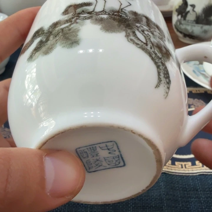 醴陵釉下彩松鹤茶杯有点黄胎缺盖微瑕