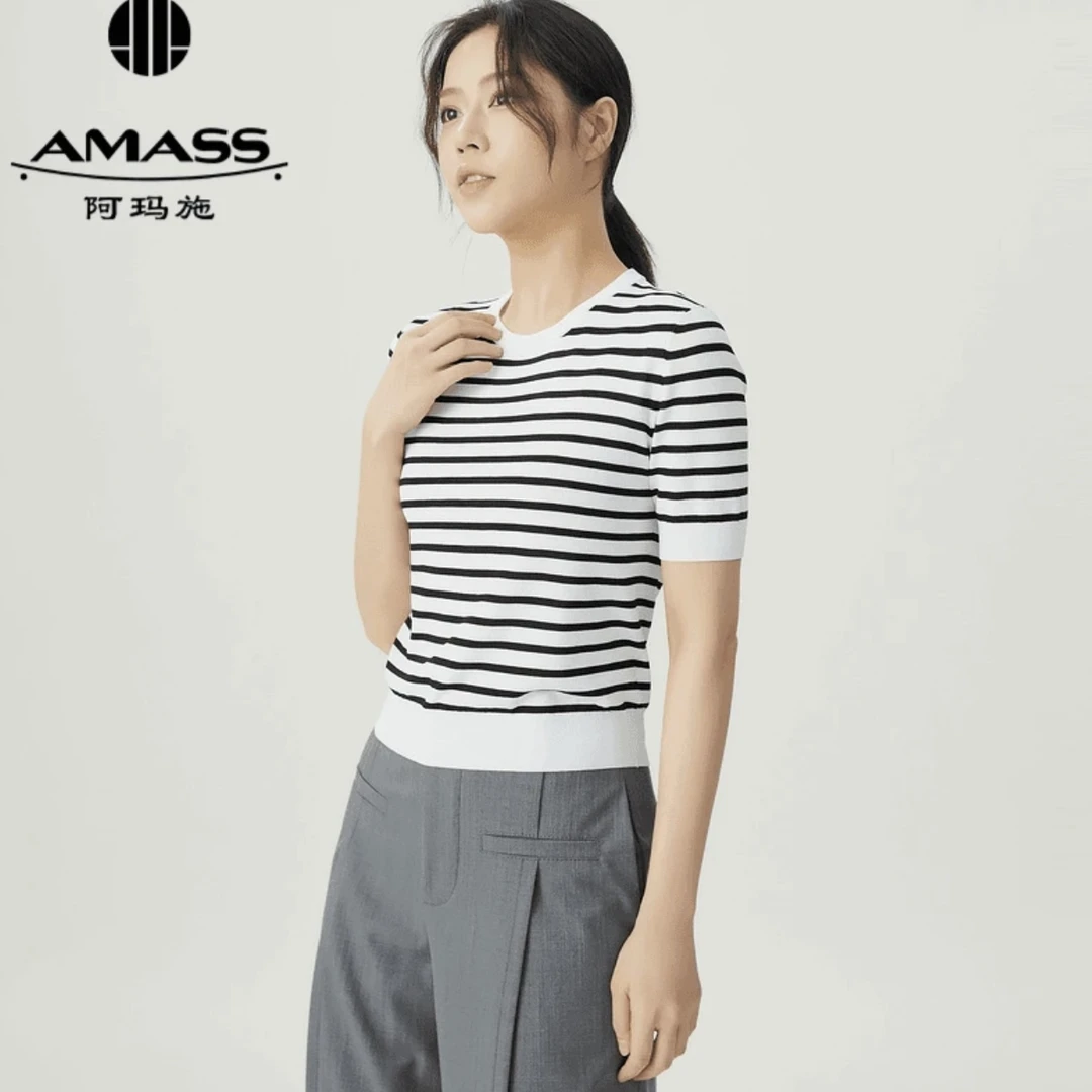 阿玛施经典时尚百搭休闲宽松套头条纹5399726夏季圆领短袖女薄款