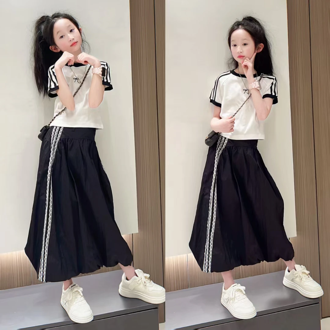 女童连衣裙套装夏装2025新款女大童短袖儿童夏季洋气花边半身裙