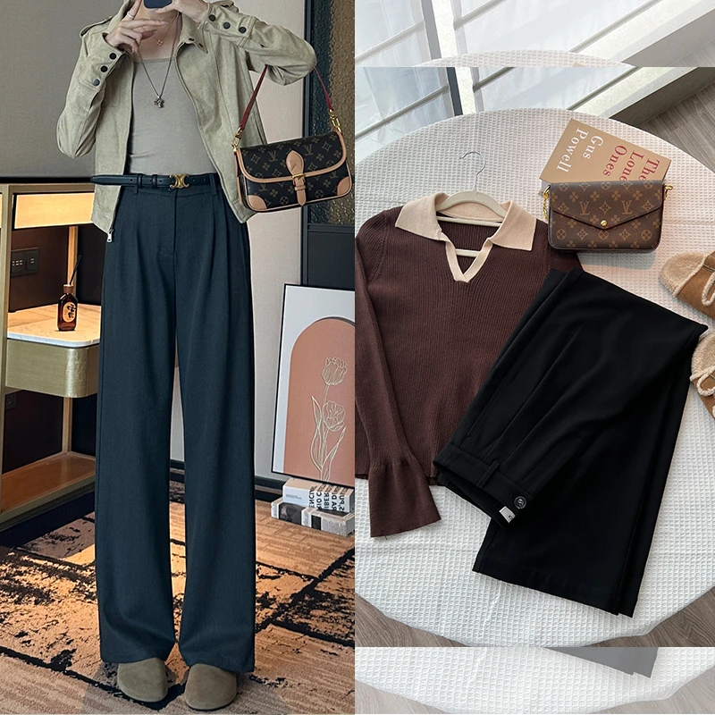 （天丝绵羊毛西装阔腿裤女）秋季新品高腰显瘦宽松垂感慵懒风直筒裤