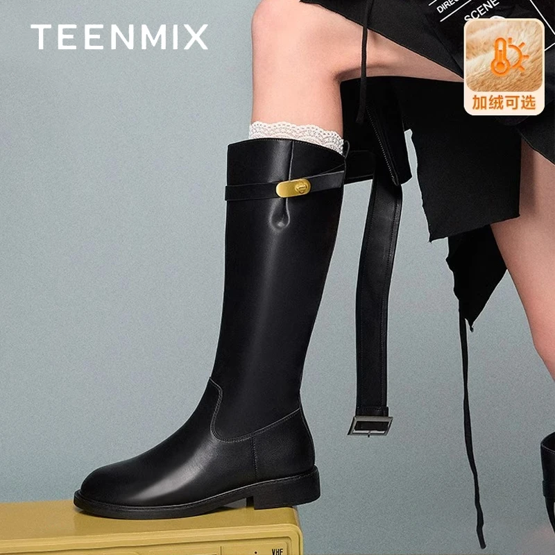 天美意女鞋2025新款长筒靴高筒大筒围百搭潮流骑士靴皮靴KQZ09DG4