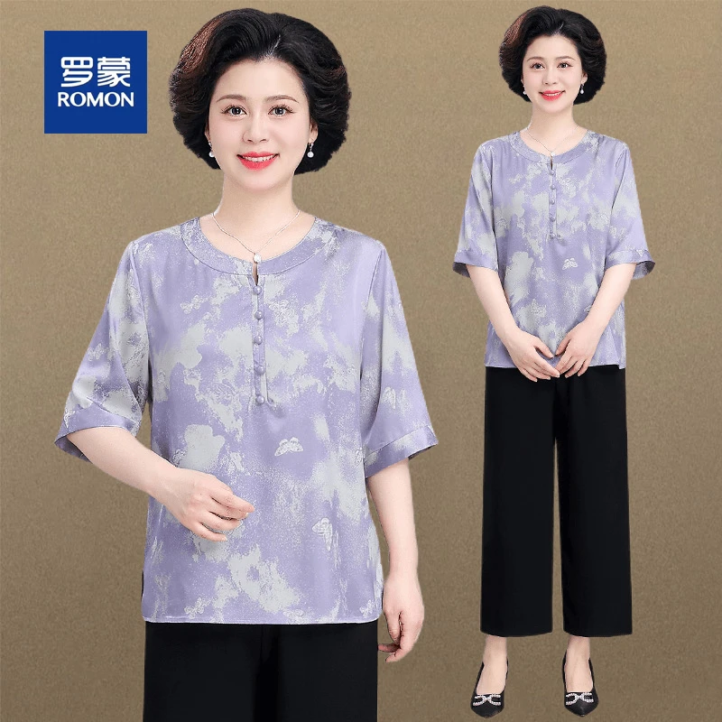 罗蒙中年妈妈夏装国风短袖T恤套装新款洋气中老年女装小衫上衣服