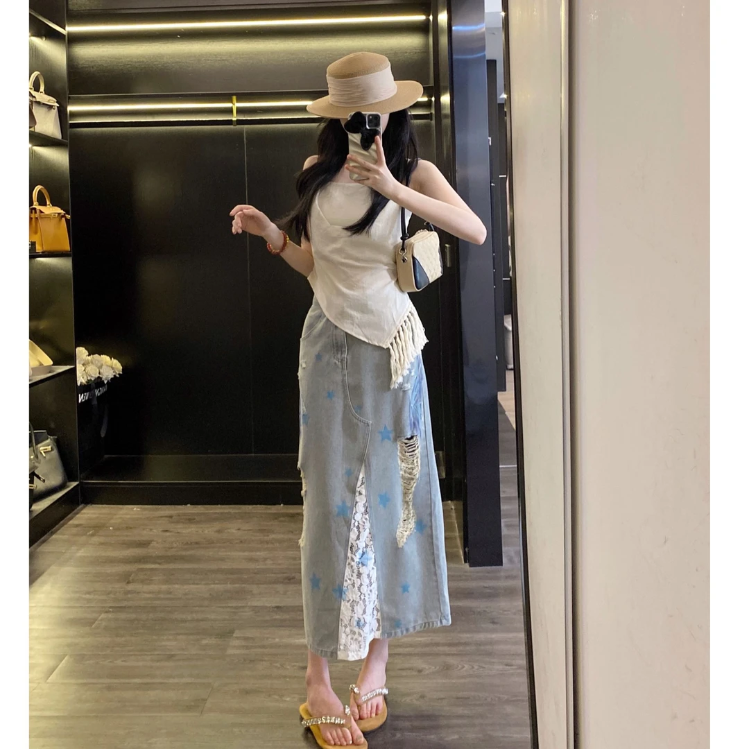 【现货】Leathercat破洞牛仔半身裙女夏蕾丝拼接高腰显瘦开叉长裙