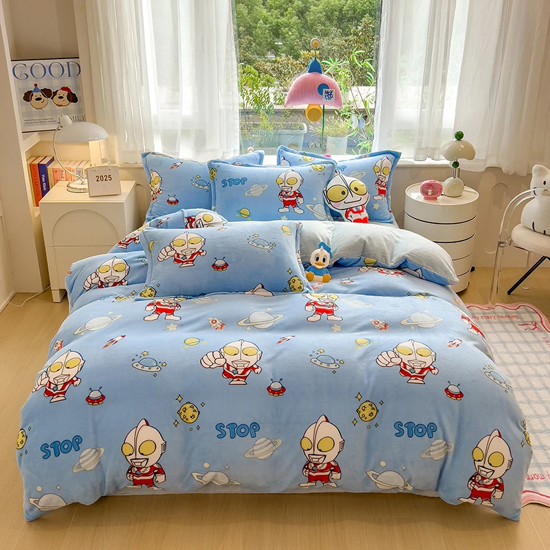 秋冬加厚牛奶绒印花被套学生床单三件套卡通奥特曼珊瑚绒宿舍被罩