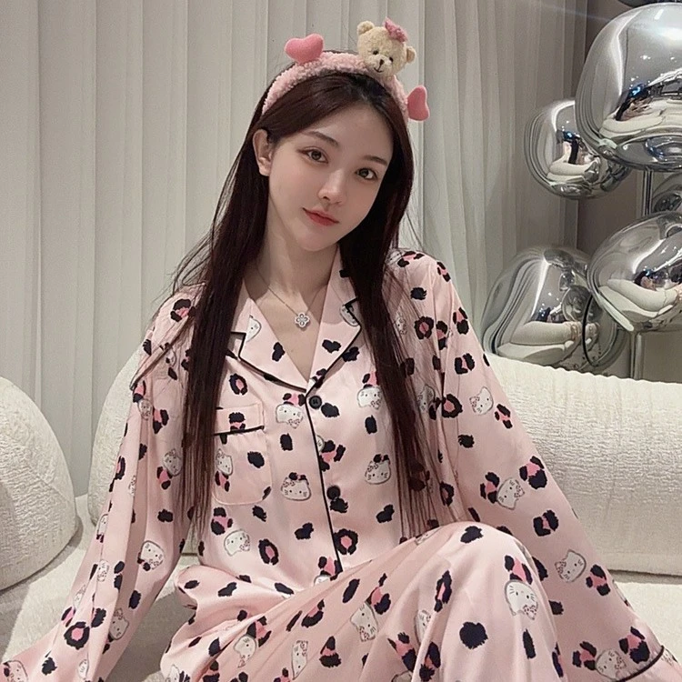 2025春秋新款冰丝可爱豹纹kitty猫印花长袖睡衣女甜美韩版家居服