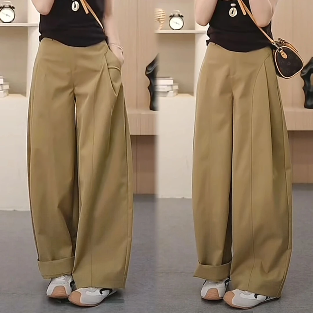 贝斯裤潮流侧压褶阔腿裤2025年新款春秋季新宽松阔腿裤时尚女裤子
