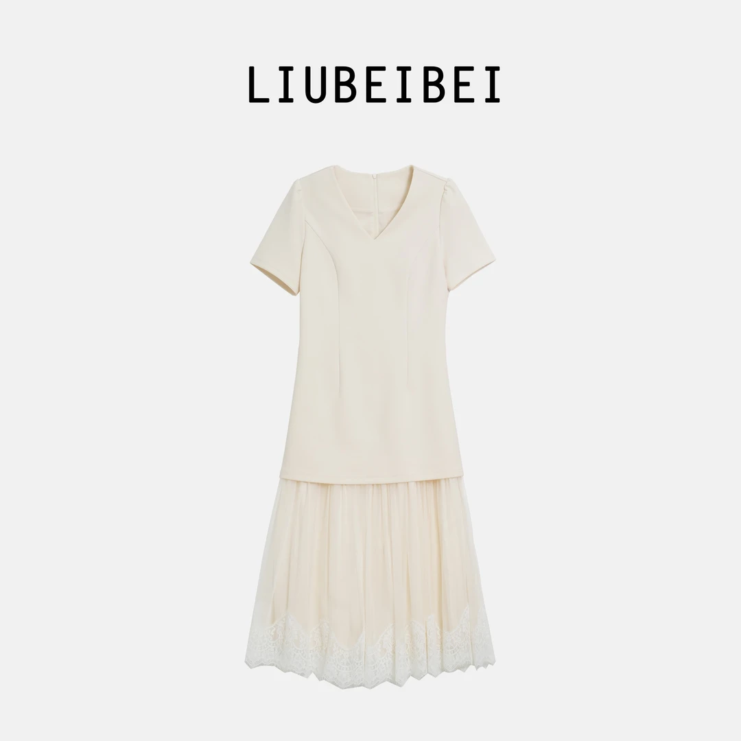 LIUBEIBEI【墨雪白境】春季新款名媛风V领时尚风连衣裙-8750