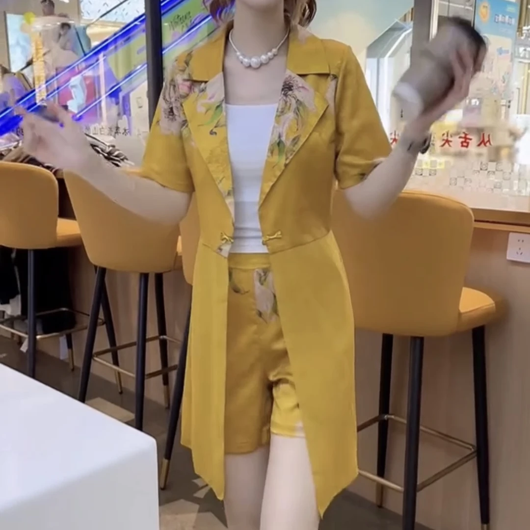 新中式国潮风刺绣盘扣西服上衣刺绣短裤女夏季时尚套装