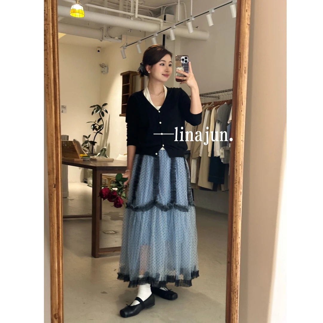 3.22《蓝莓》春夏新款韩系复古少女风网纱拼接波点半身裙