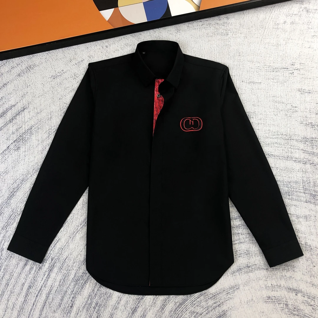 红色过年限定！胸口刺绣暗门襟时尚衬衣男装帅气潮流修身黑衬衫男