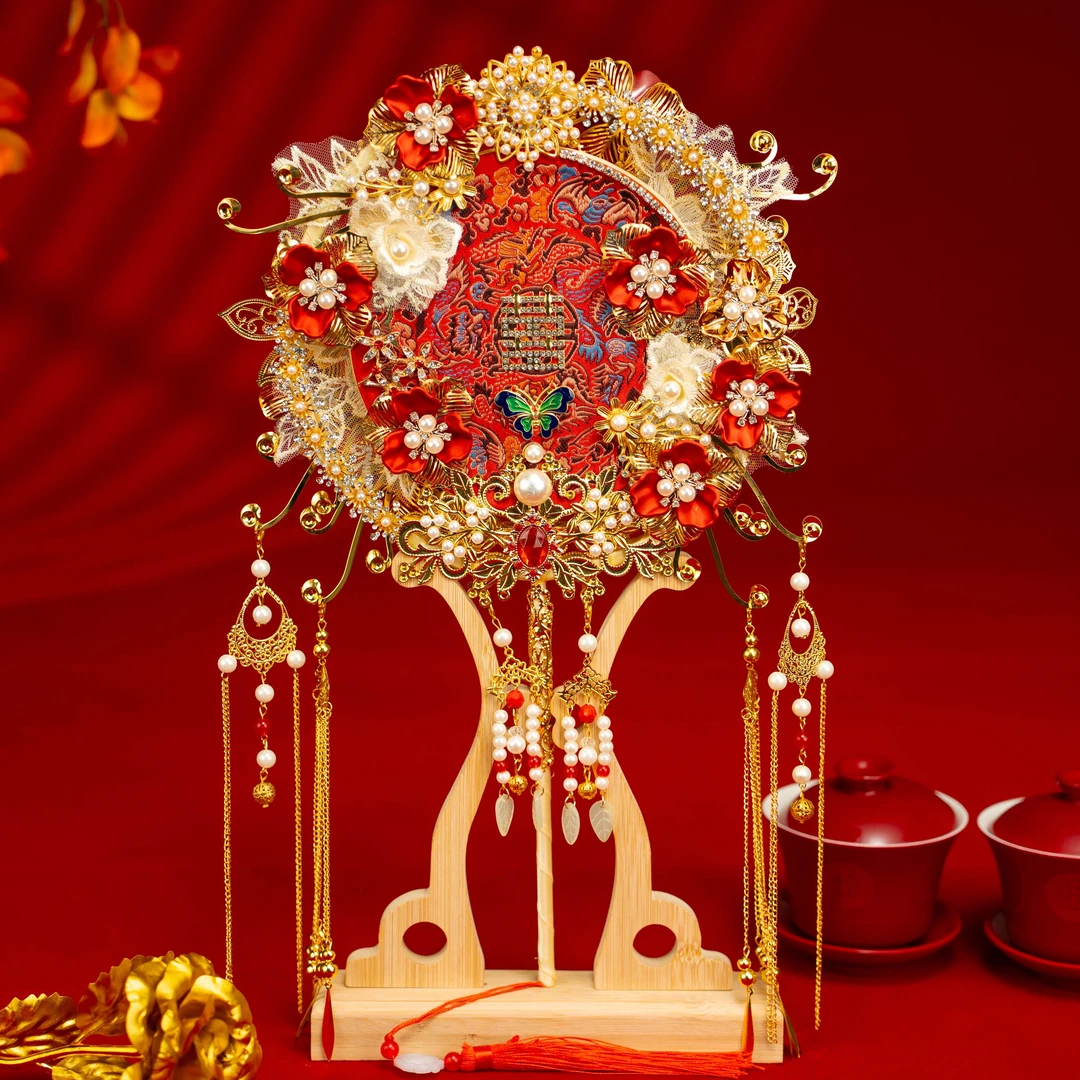 中式古风新娘结婚团扇diy材料包重工双色双面成品手工高级喜扇子