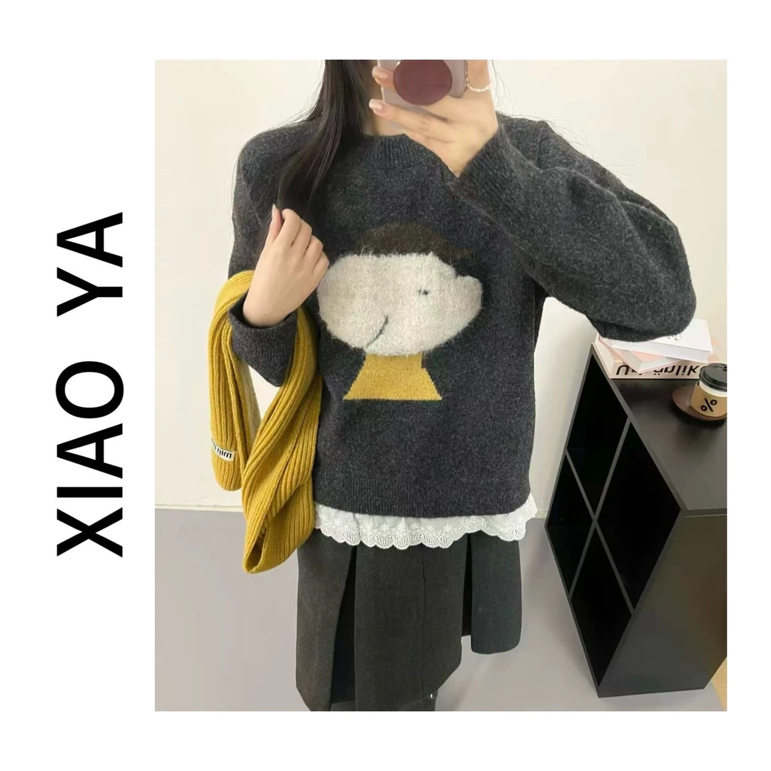 3509冬季新款韩版慵懒风圆领小狗下摆拼接百搭针织上衣（衣长68）