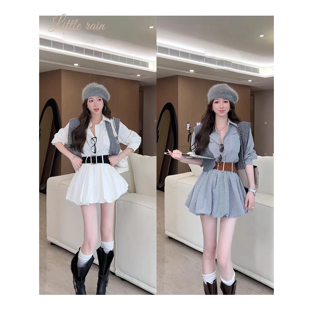 设计感翻领腰部收腰长袖格子衬衫连衣裙女气质时尚小众显瘦小个子