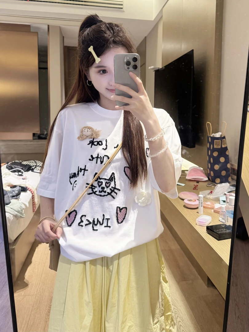 【许愿瓜】立体刺绣小猫头T恤  休闲百搭上衣  G5158