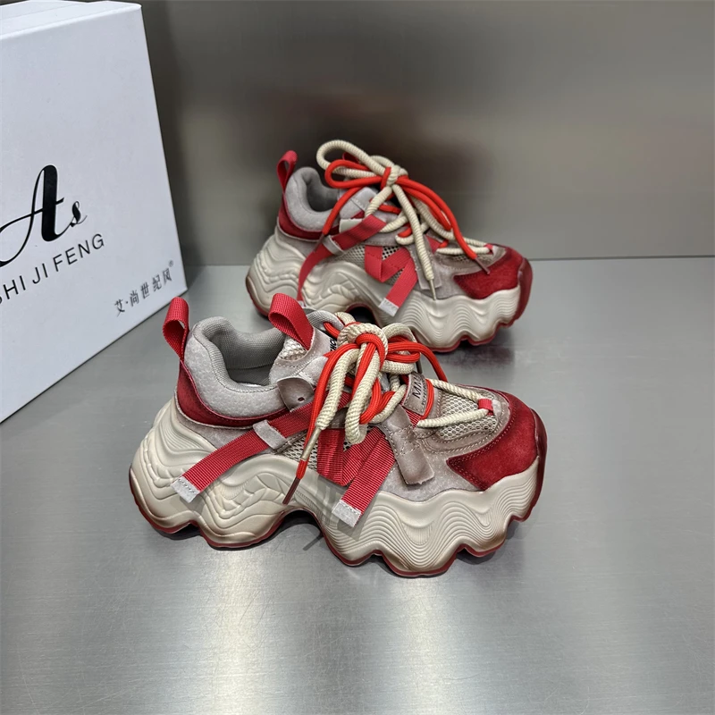 女鞋时尚百搭透气红色夏季厚底ins网面复古白红系带高定潮流潮鞋