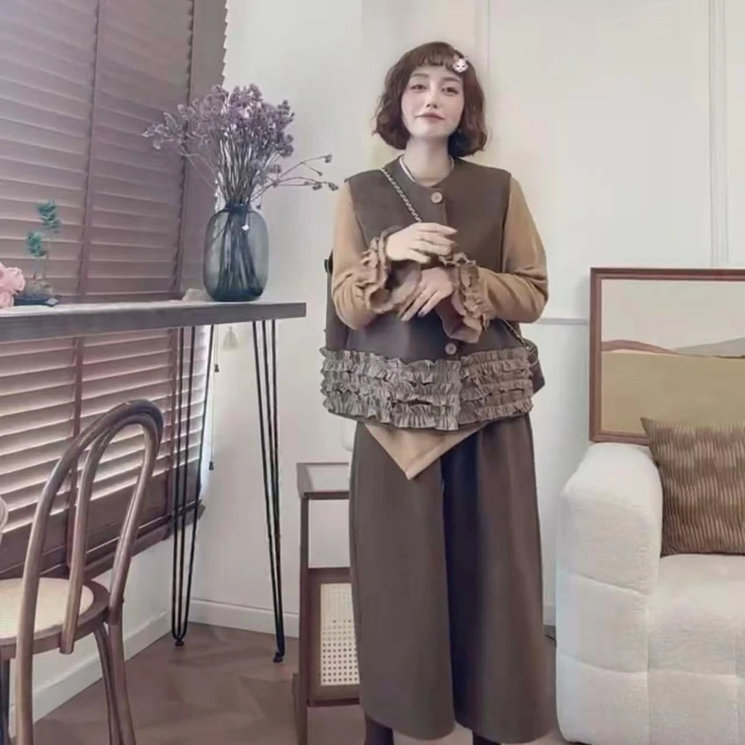 胖胖家*8620新款花边打底衫花边马甲阔腿西裤套装