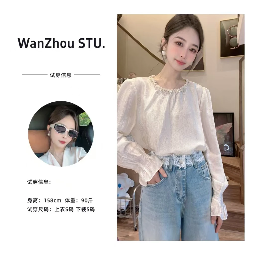 【晚舟专属】杏色圆领衬衫女年新款春季气质时尚百搭长袖内搭