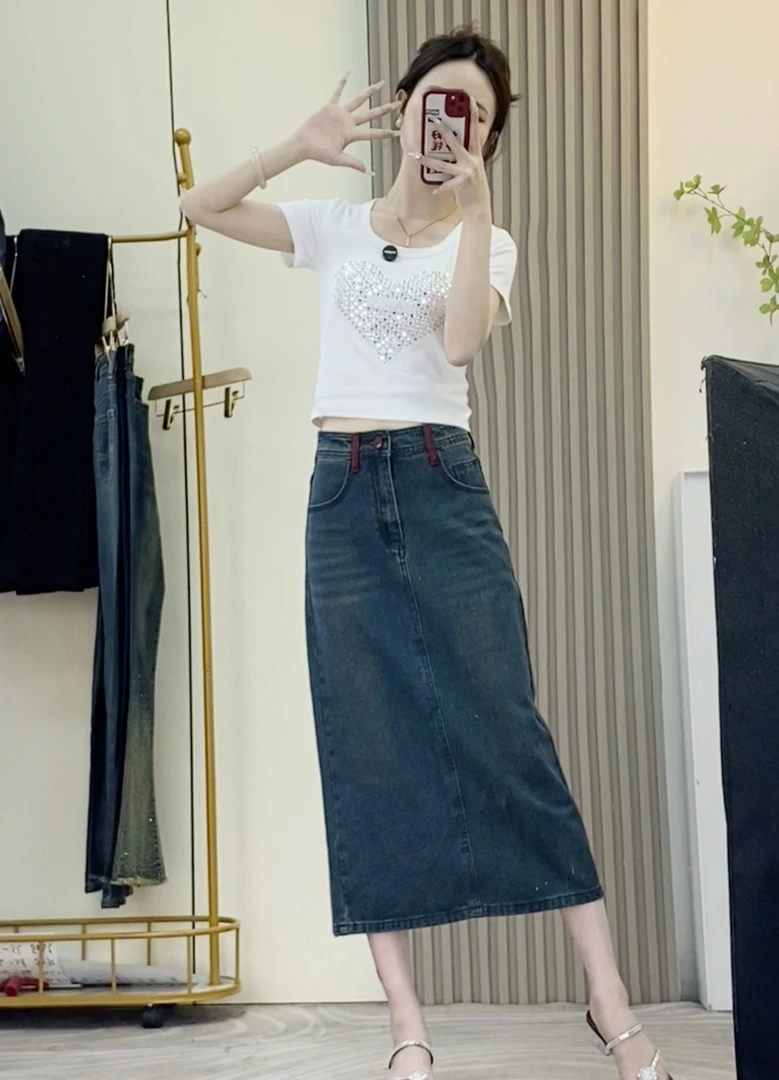 新款春夏撞色半身牛仔裙女开叉高腰A字版宽松百搭复古直筒中长款